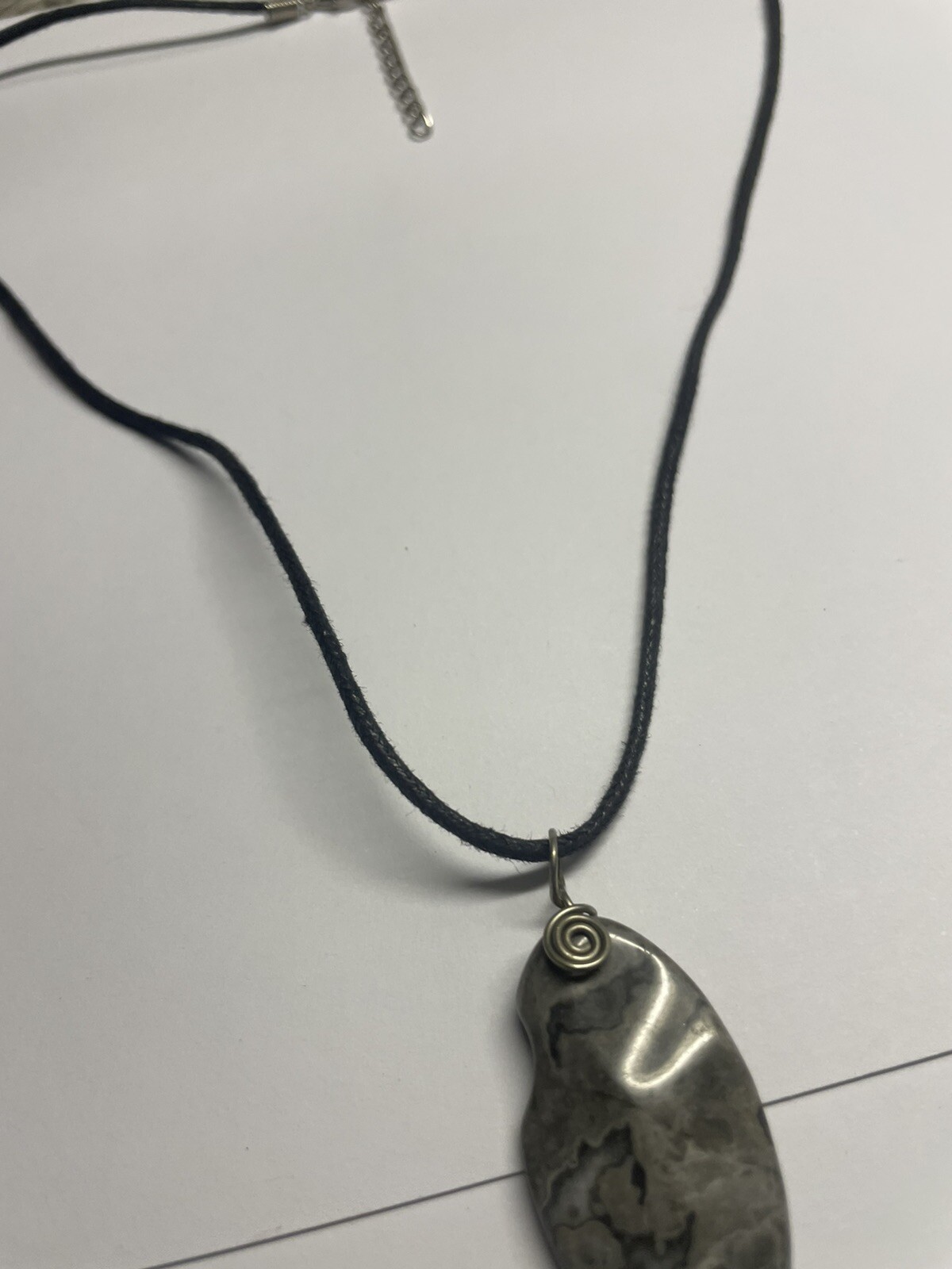 Women’s Grey Natural Stone Pendant / Black Cord Costume Necklace