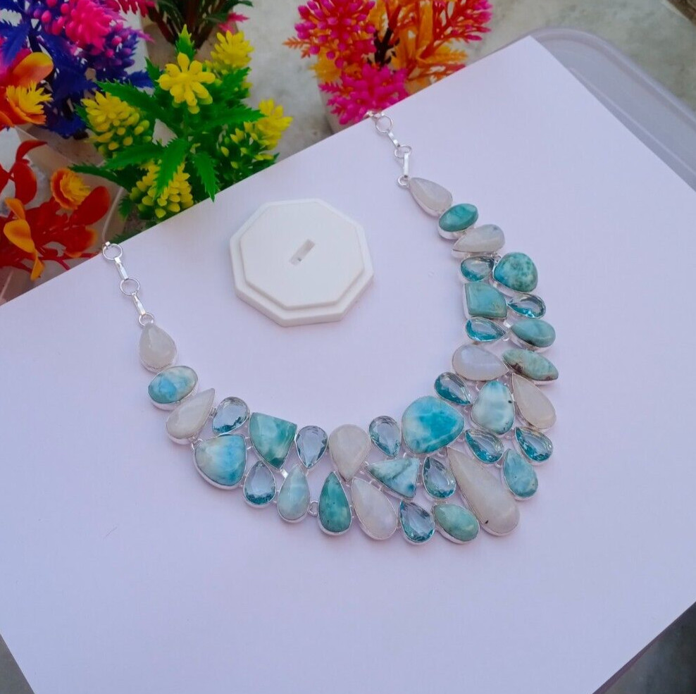 Natural Moonstone Necklace, Silver Plated Necklace, Larimar, Aquamarine Stone