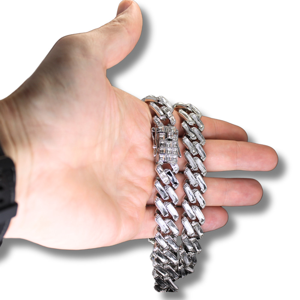 Mens 16mm Iced Baguette CZ Chain Square Cuban Curb Link Silver Plated Necklace