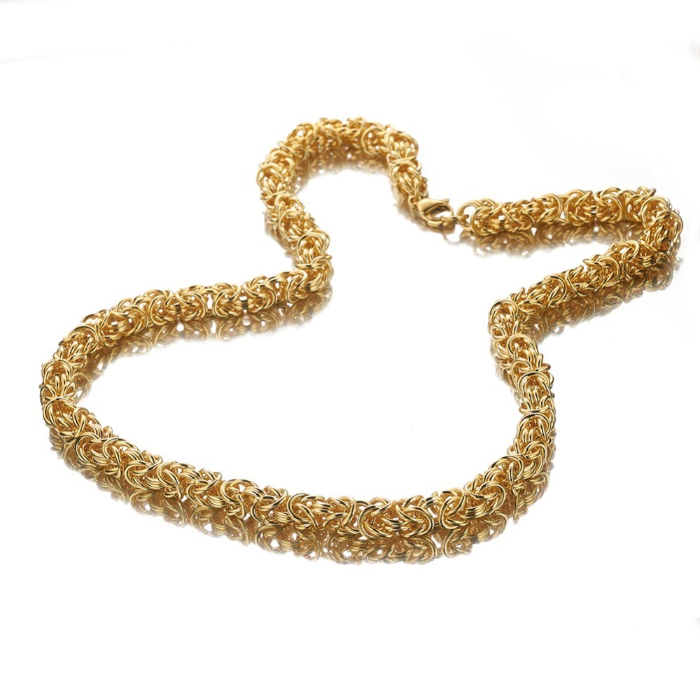 8mm 24” Men Jewelry Gold Stainless Steel Handmade Byzantine Link Chain Necklace