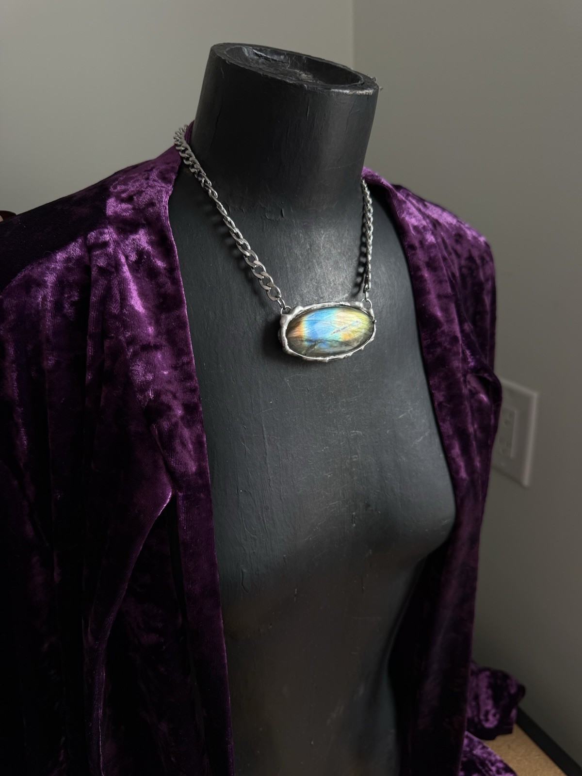 Labradorite Crystal Gemstone Necklace Pendant Statement Jewelry Rocker Biker