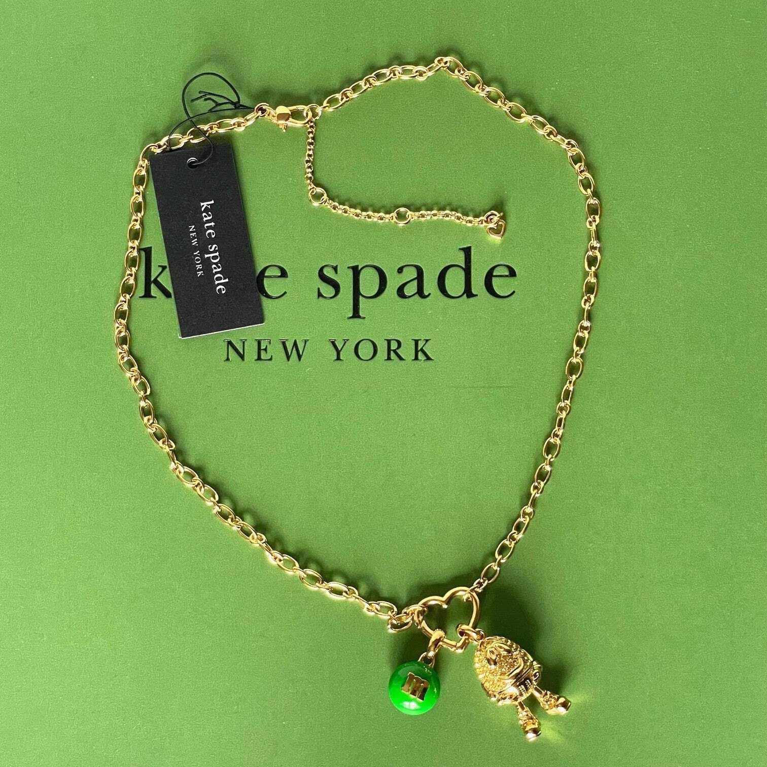 Kate Spade M&M Pendant Necklace Green Gold Statement Novelty Gift Box