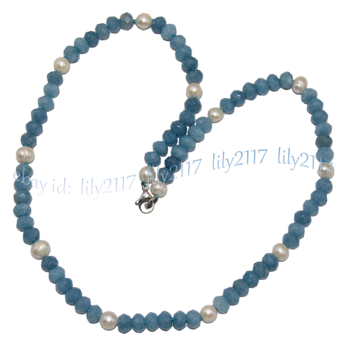 Faceted Blue Aquamarine 5x8mm Rondelle Gemstone Beads 7-8mm White Pearl Necklace