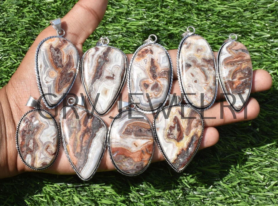 1-500 Pcs Crazy Lace Agate Pendant Wholesale Lot Bulk: Silver Plated WH-23