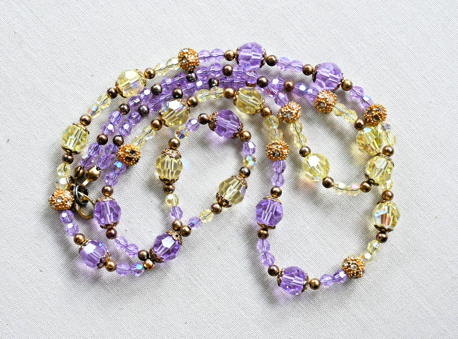 Faceted Crystal Glass Colorful Purple Yellow Gold Tone Beaded Necklace