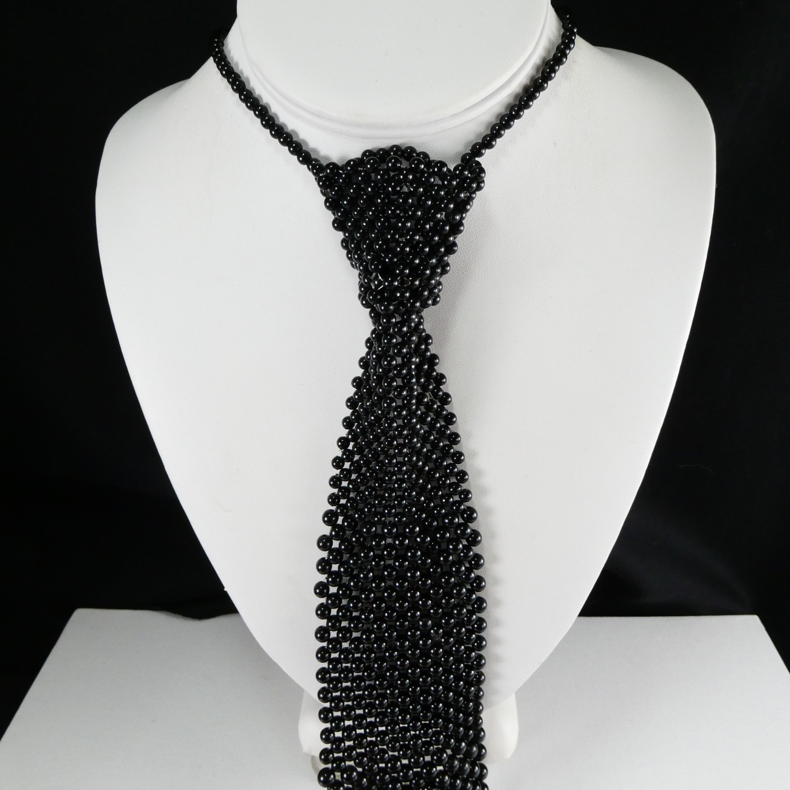 Black Beaded Tie Shaped Fashion Necklace Hook Clasp Collar Choker Long TIE 12″