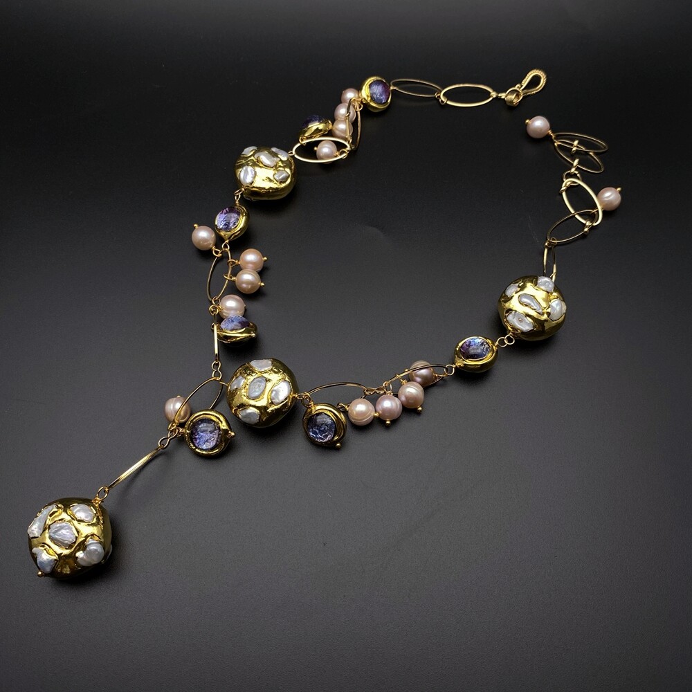 White Keshi Pearl Pink Pearl Purple Murano Glass Chain Pearl Y-Drop Necklace