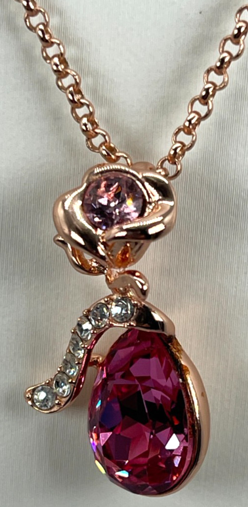 Necklace Rose Gold Tone Bright Pink Teardrop Crystal w/Rose Accent 16″ + 2′