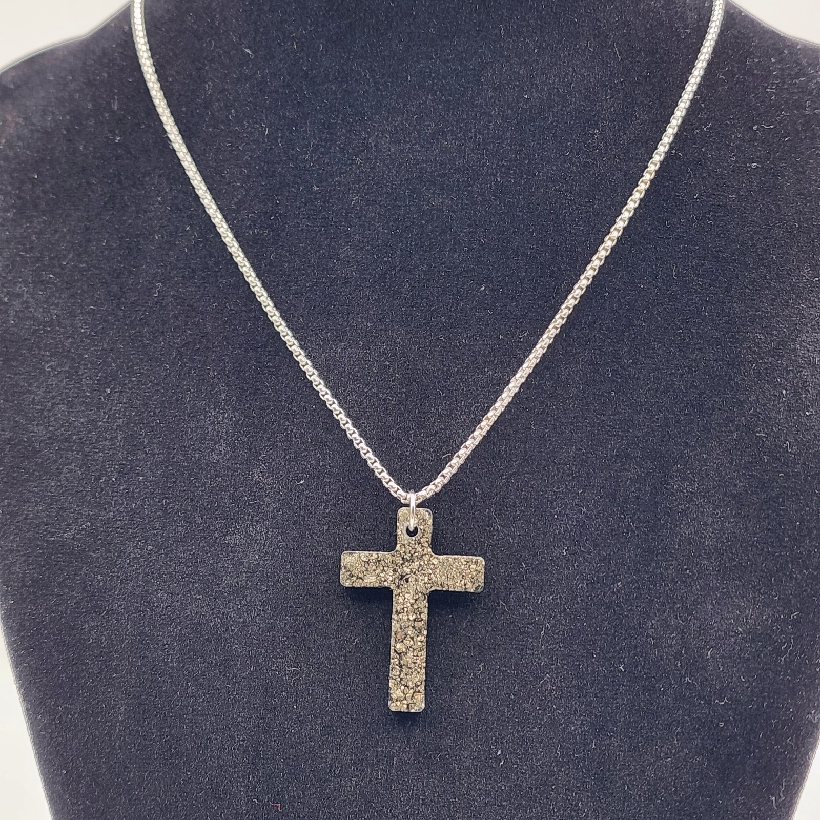 Handmade Pyrite Cross Pendant Necklace Resin Cross 50cm Stainless Steel Chain