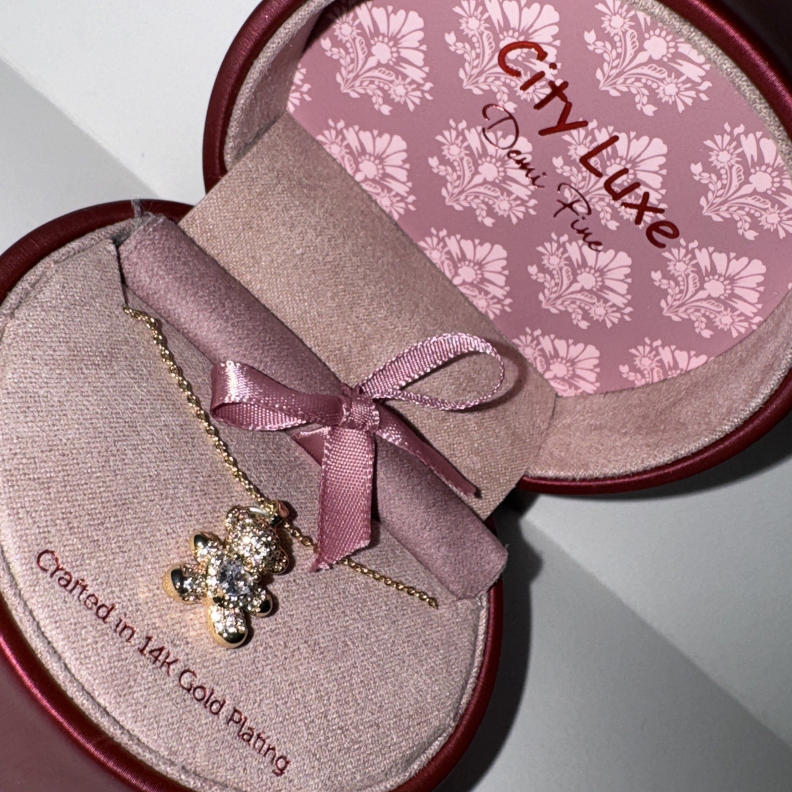 City Luxe Demi Fine Teddy Bear 14 Gold Plating Necklace, Cubic Zirconia Heart