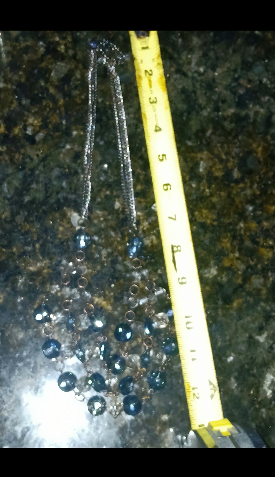 3 tiered gold tone chain with clear & blue glass dangling crystal necklace