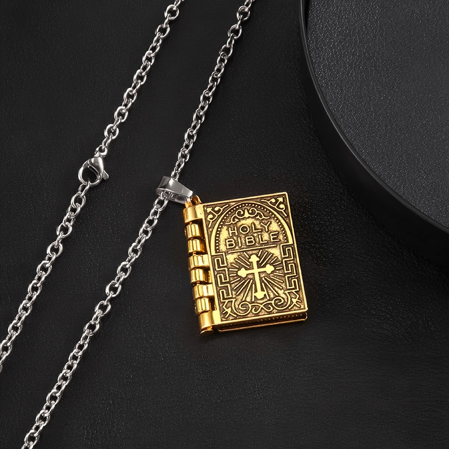 Bible Book Pendant Necklace Vintage Gold Cross Unique Jewelry For Men Women US