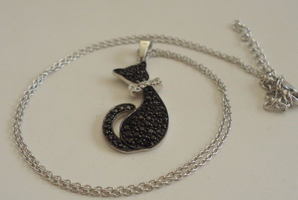 925 STERLING SILVER BLACK CAT NECKLACE PENDANT W/ 2.50 CT ACCENTS/18”