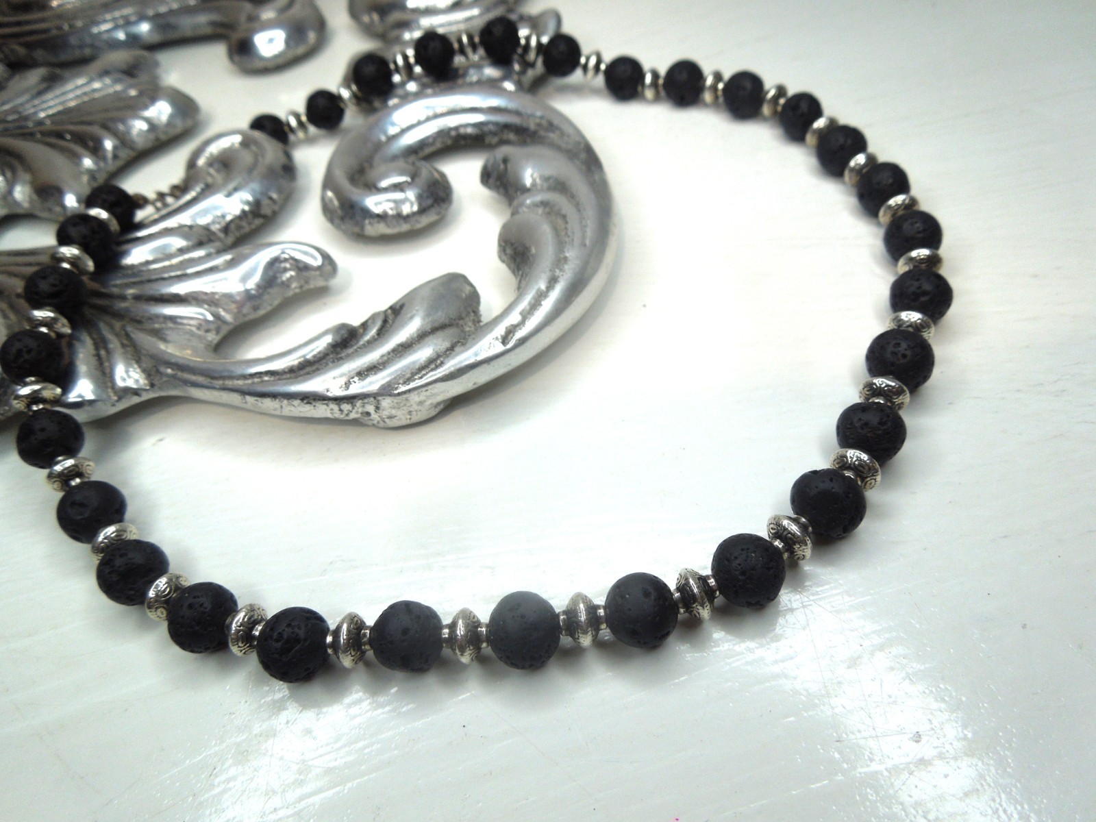 Lava Rock Bead Necklace Silver-finish Accent Handmade Stylish Choker