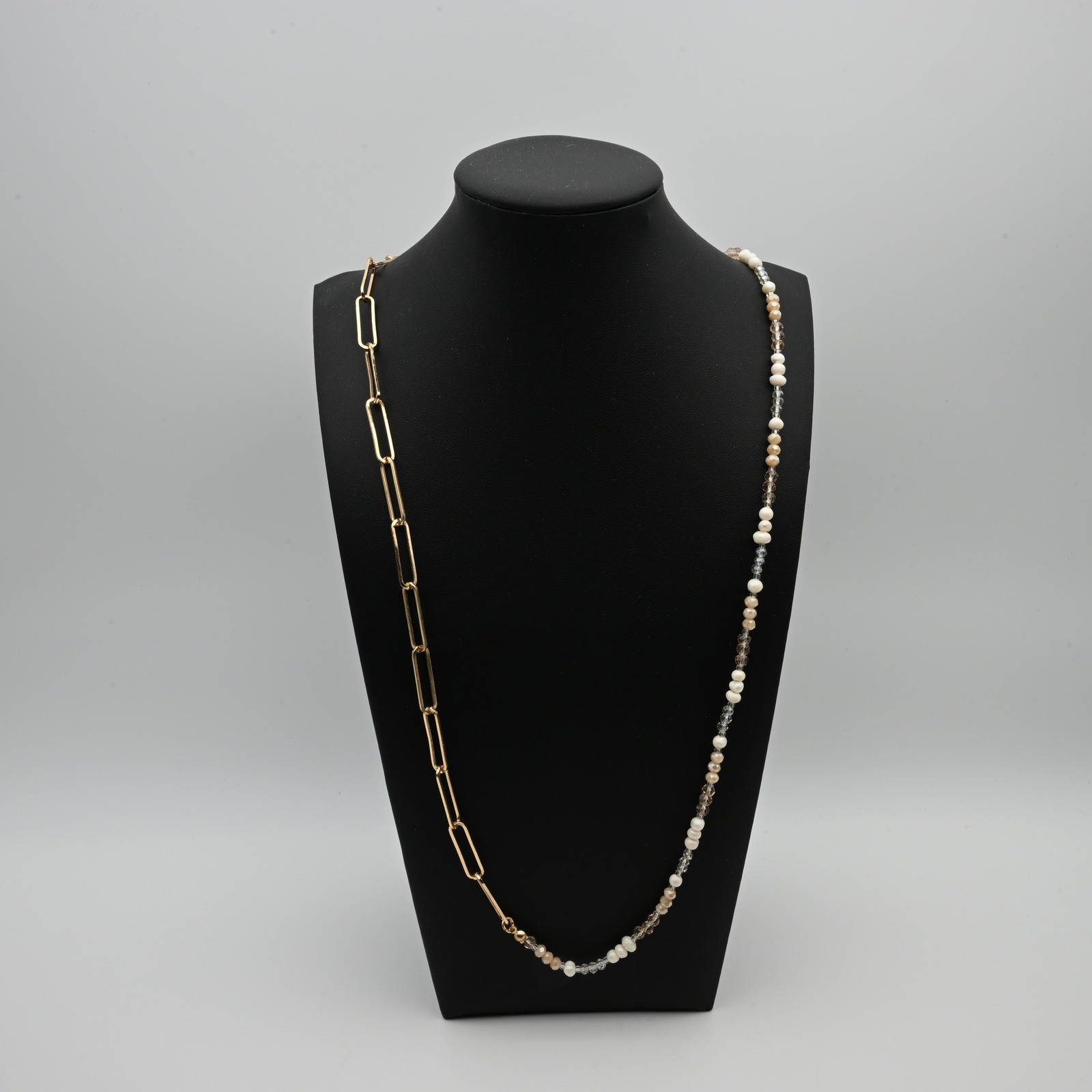 Gold Tone Paperclip Chain Faux Pearl Crystal Toggle Clasp Necklace Asymmetrical