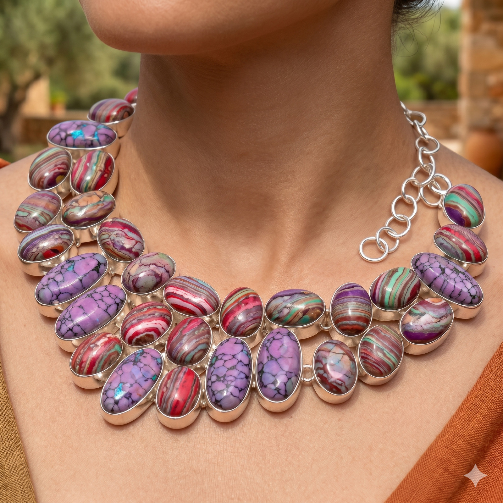 Genuine Rainbow Calsilica Purple Turquoise Silver Finish Chain Necklace Jewelry