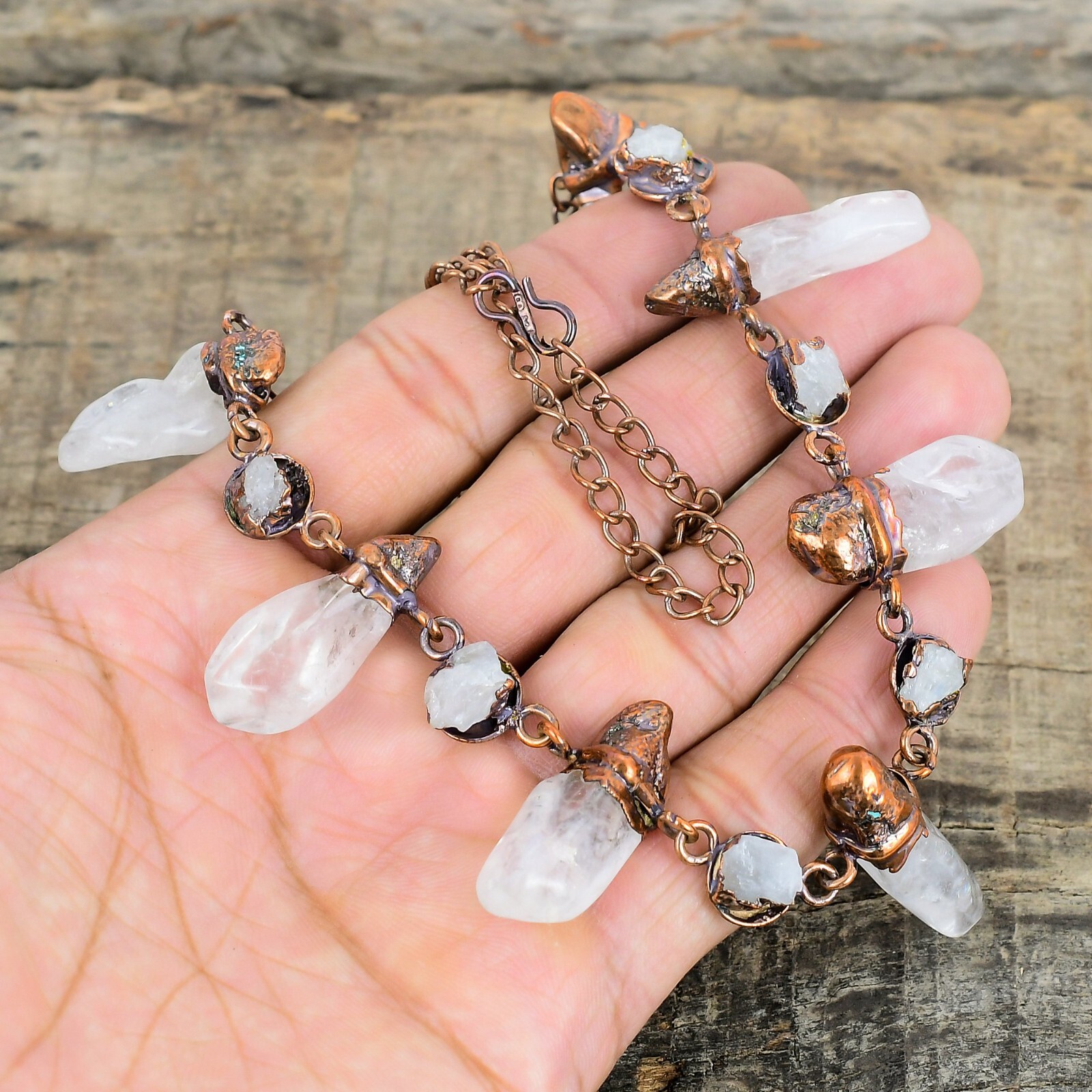 Rainbow Moonstone Rough Gemstone Copper Chain Electroformed New Necklace Jewelry