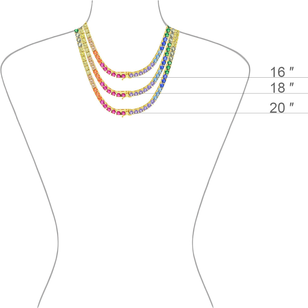 Skinny Rainbow Spectrum Tennis Chain Necklace Cubic Zirconia Bling 3mm 16-20”