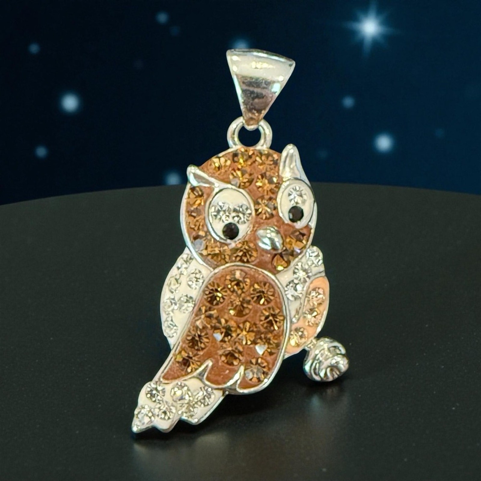 Rhodium Plated Owl Crystal Rhinestone Pendant