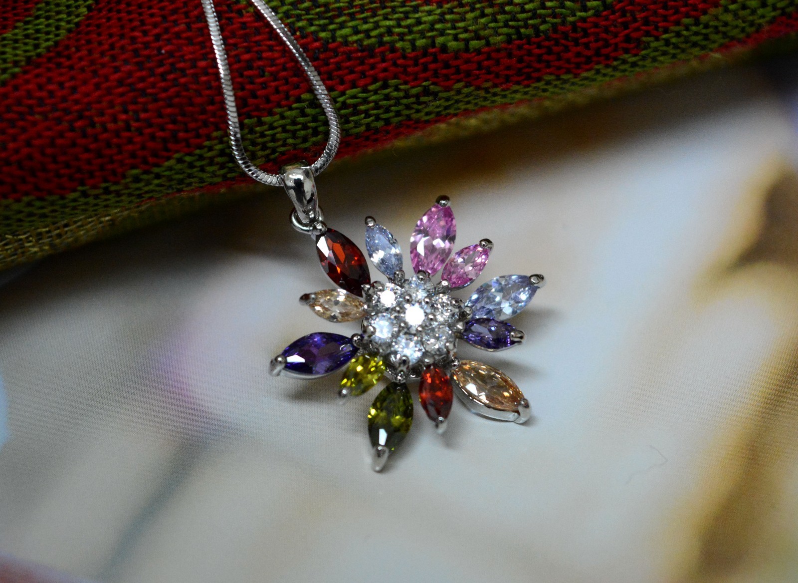 18KGP White Gold Cubic Zirconia Multi Color Flora Pendant Necklaces