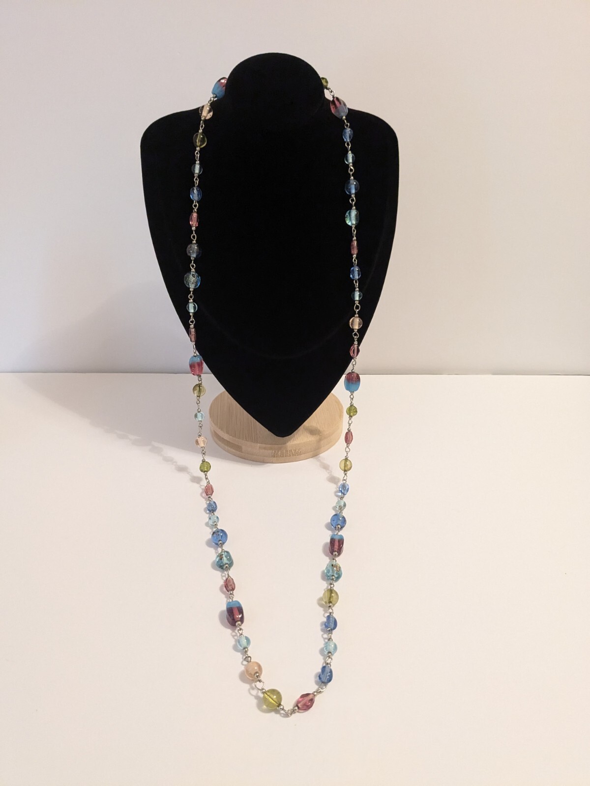 Infinity Style Multicolor Glass Bead Necklace. Silver Tone. 40″. Various Shapes.