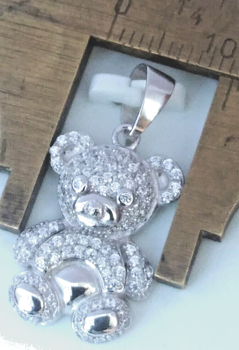 925 Sterling Silver Pendant Iced Teddy Bear cubic zirconia CZ’s MEDIUM 26X12MM