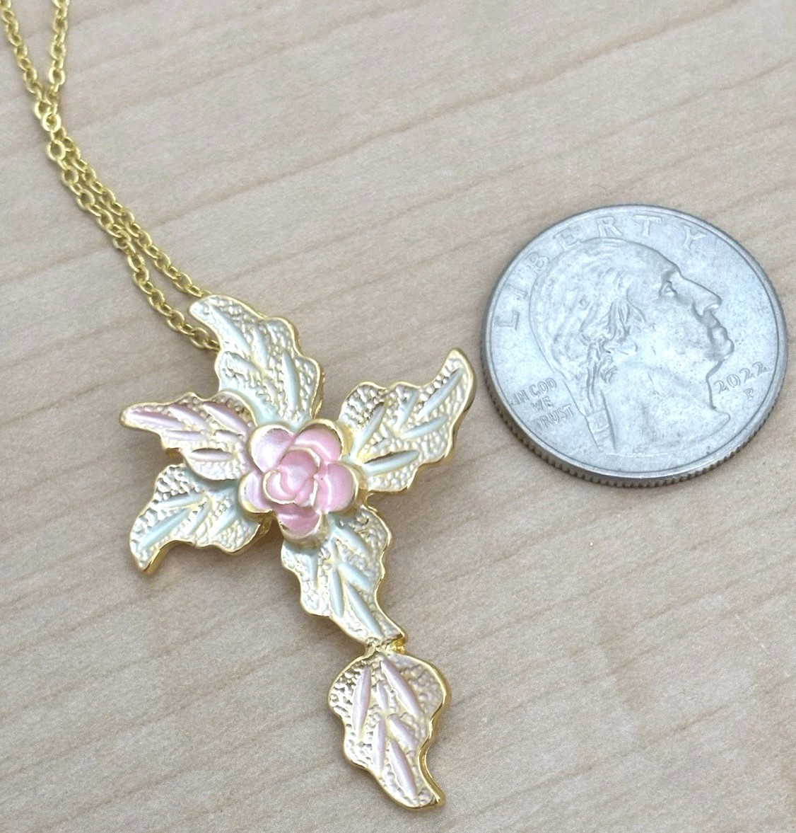 Gold Tone and Pink Floral Pendant Necklace/ Gold Tone Chain Measures 17 + 2 In
