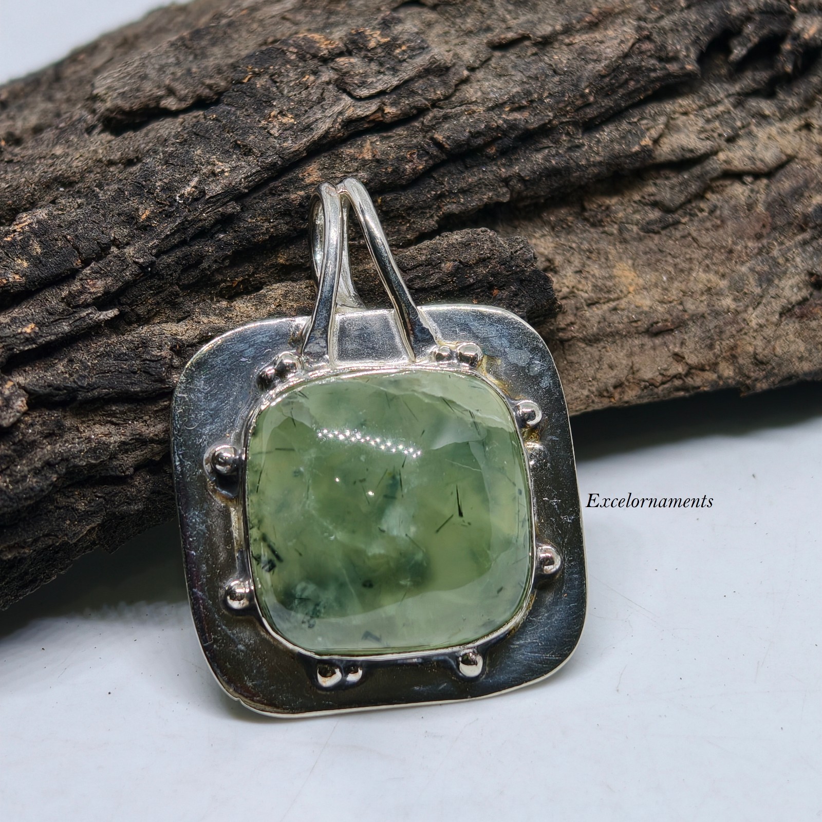 Prehnite Square Gemstone Pendant 925 Sterling Silver Unique Lovely Pendant RK*