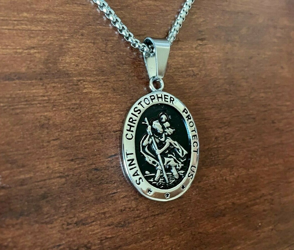 DEZILOO Mens Saint St Christopher Medal Pendant Necklace Stainless Steel Amulet