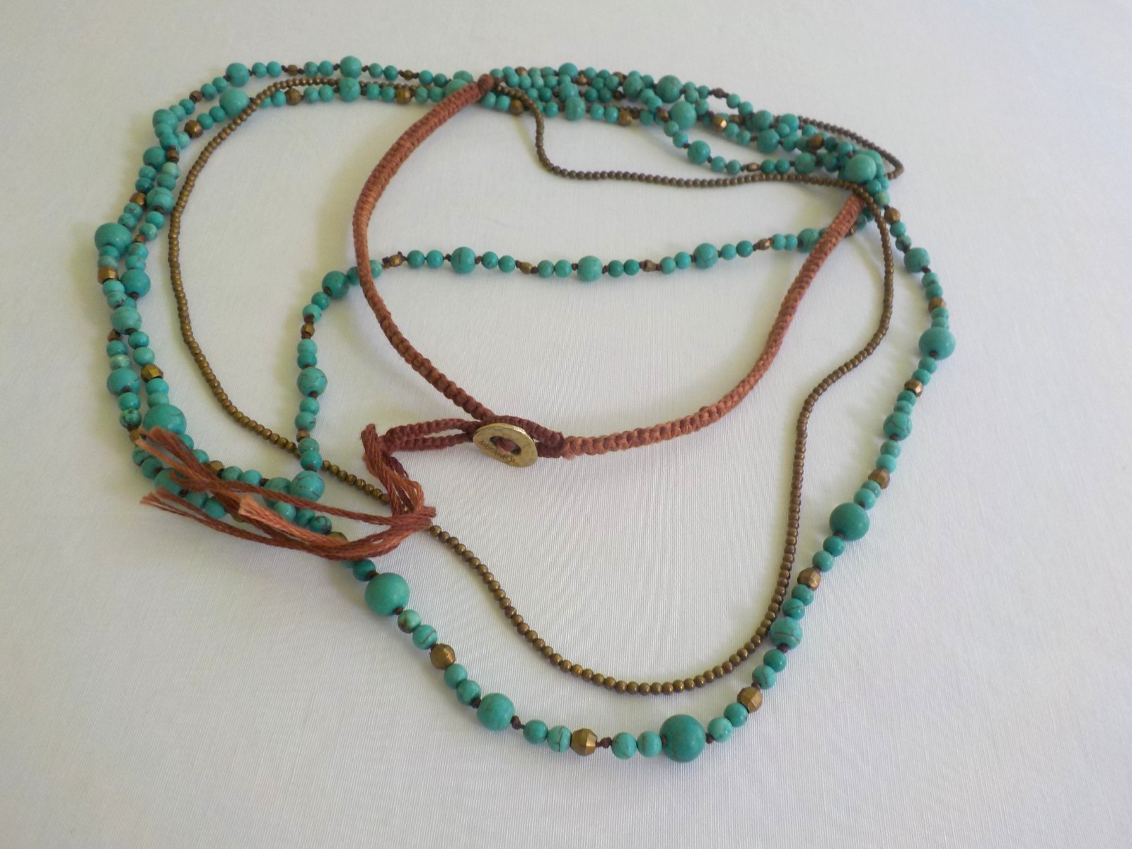 Nakamol Faux Turquoise Necklace Metal Bead Round Multi Strand Cord Long