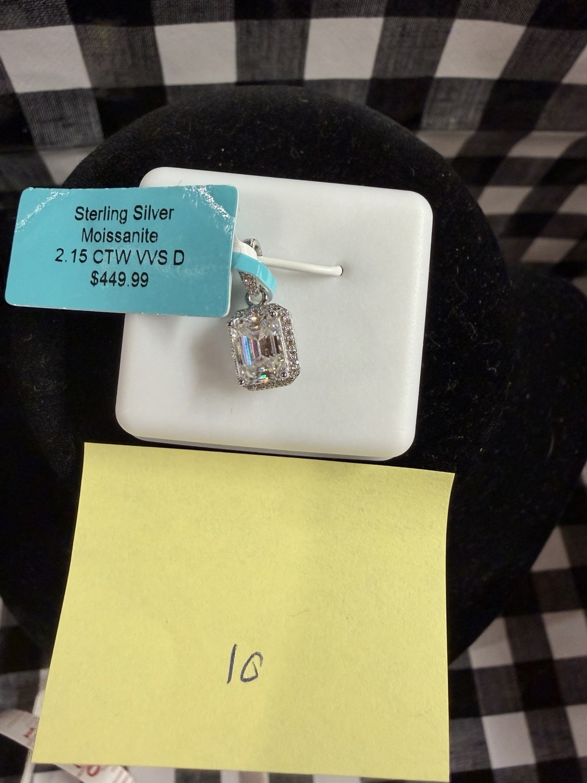 Sterling Silver Lab-Created White Moissanite Emerald Cut Halo Rectangle Pendant