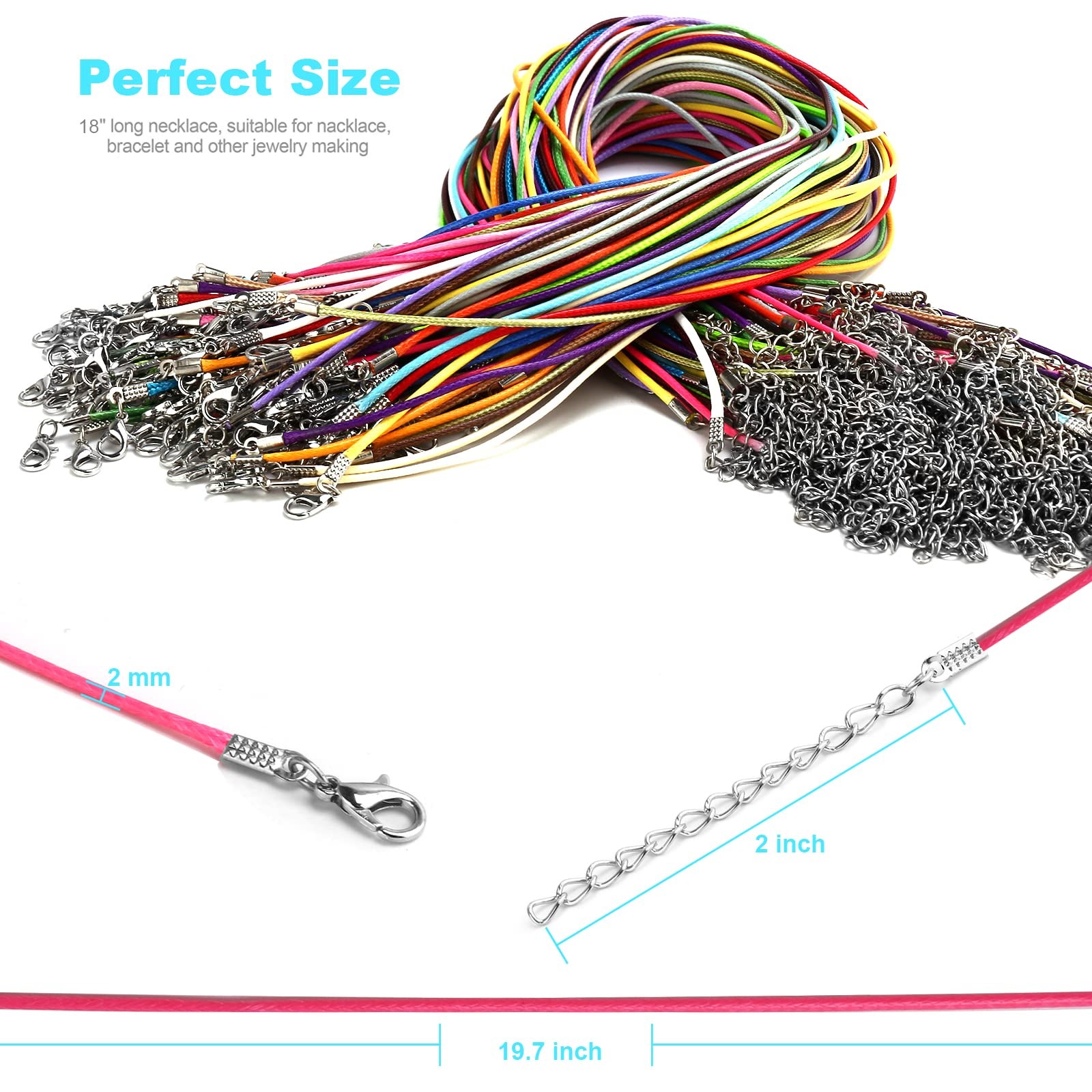 100 Pcs Leather Necklace Cords with Clasps – 19.7″ Waxed String – Multicolor