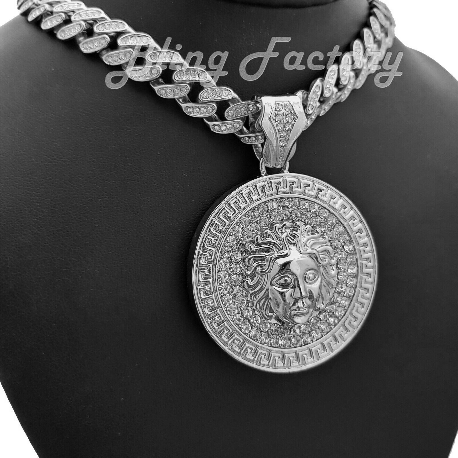 Hip Hop Silver Medusa Head Pendant & 16″ 18″ 20″ Full Iced Cuban Chain Necklace