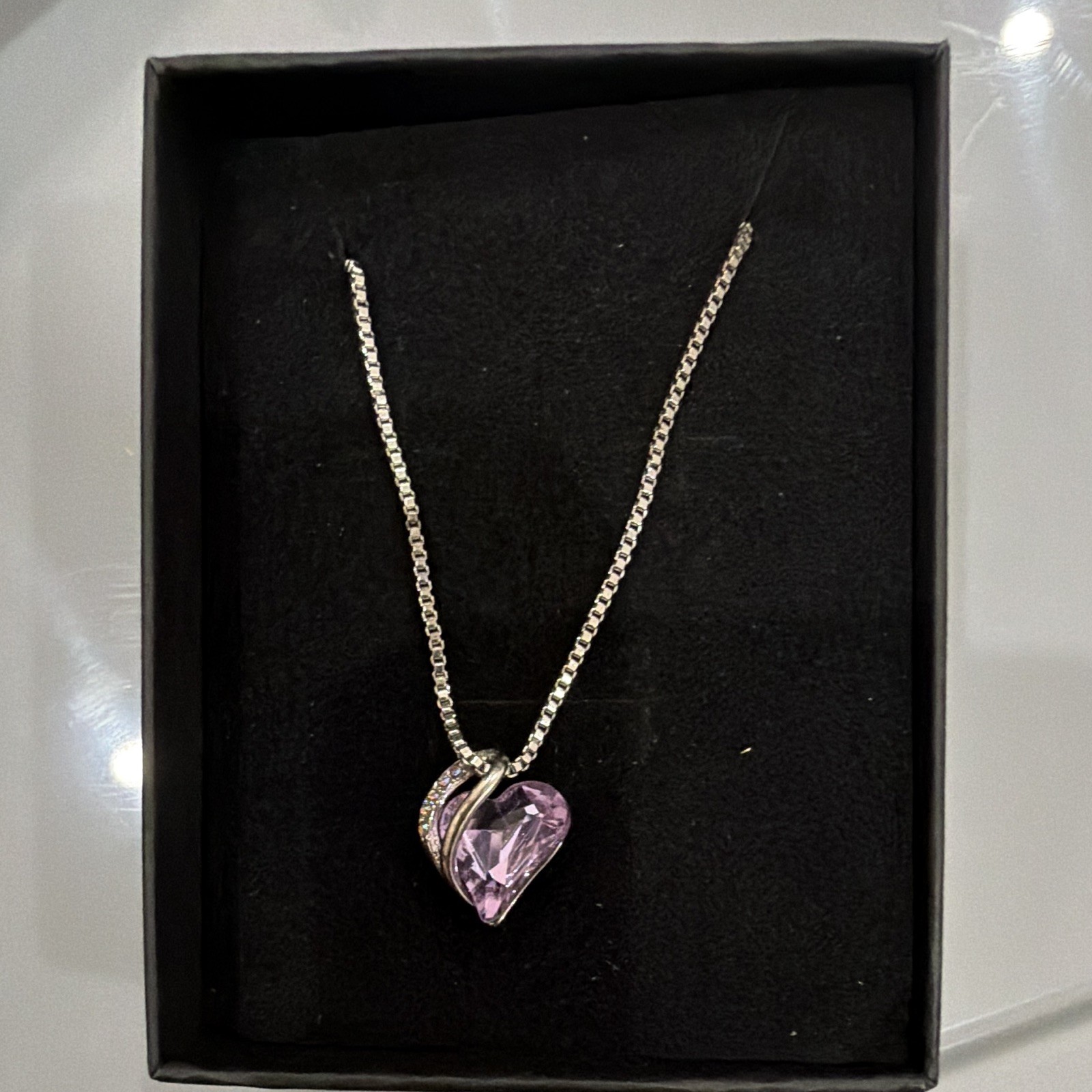 Silver Plated Heart-Shaped Purple Crystal Pendant Necklace, Box Chain, Love