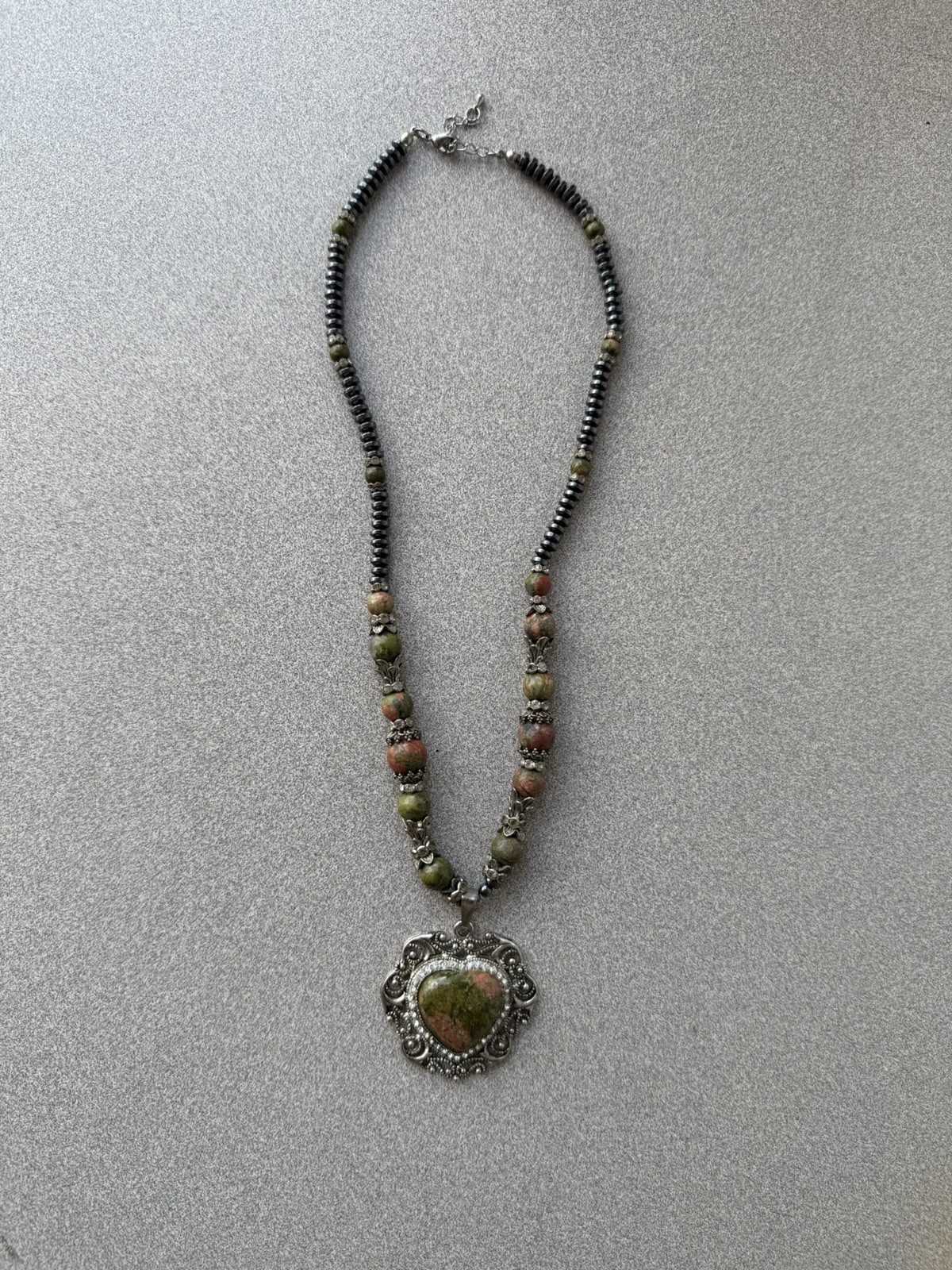 Unakite Heart Pendant Necklace Hematite Beads Boho Statement Silver Tone 18-20”