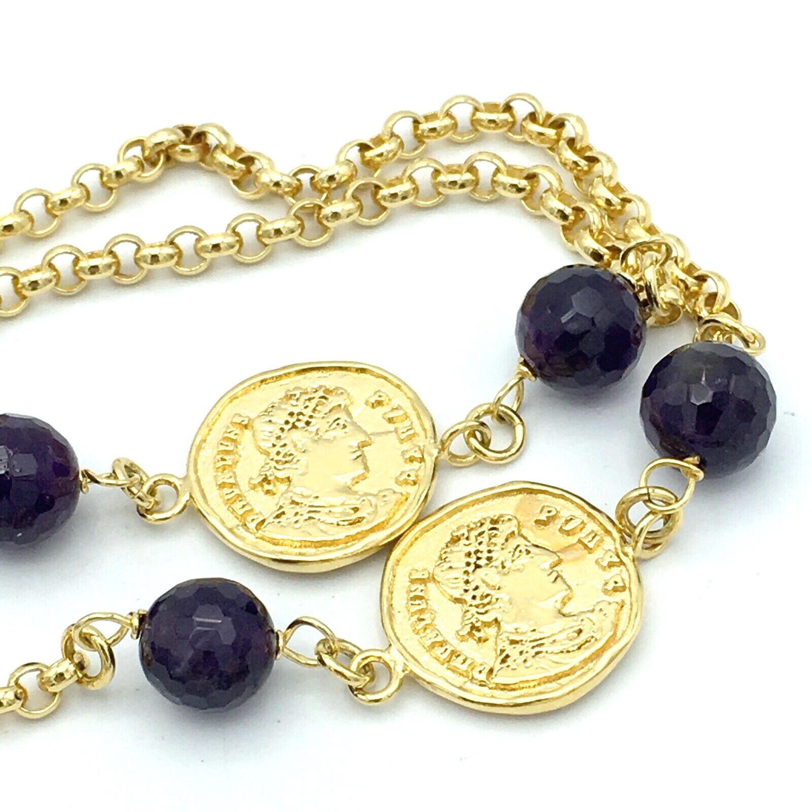 BRONZALLURE faux coin necklace – amethyst bead gold-plated station Italy 35″