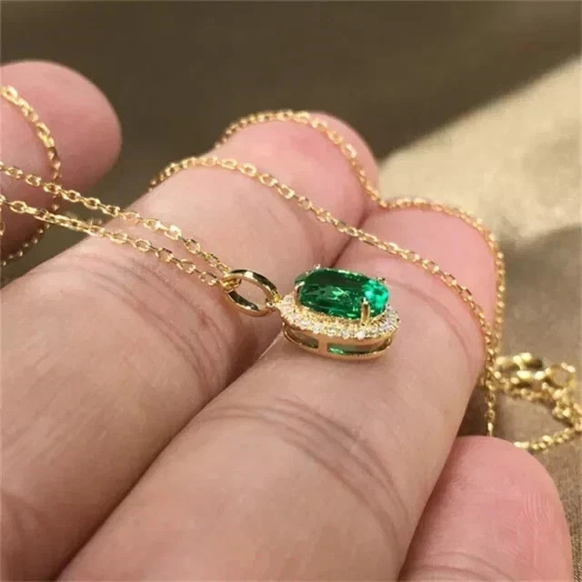 2Ct Oval Cut Simulated Green Emerald Women’sPendant Chain 14K Yello Gold Plated