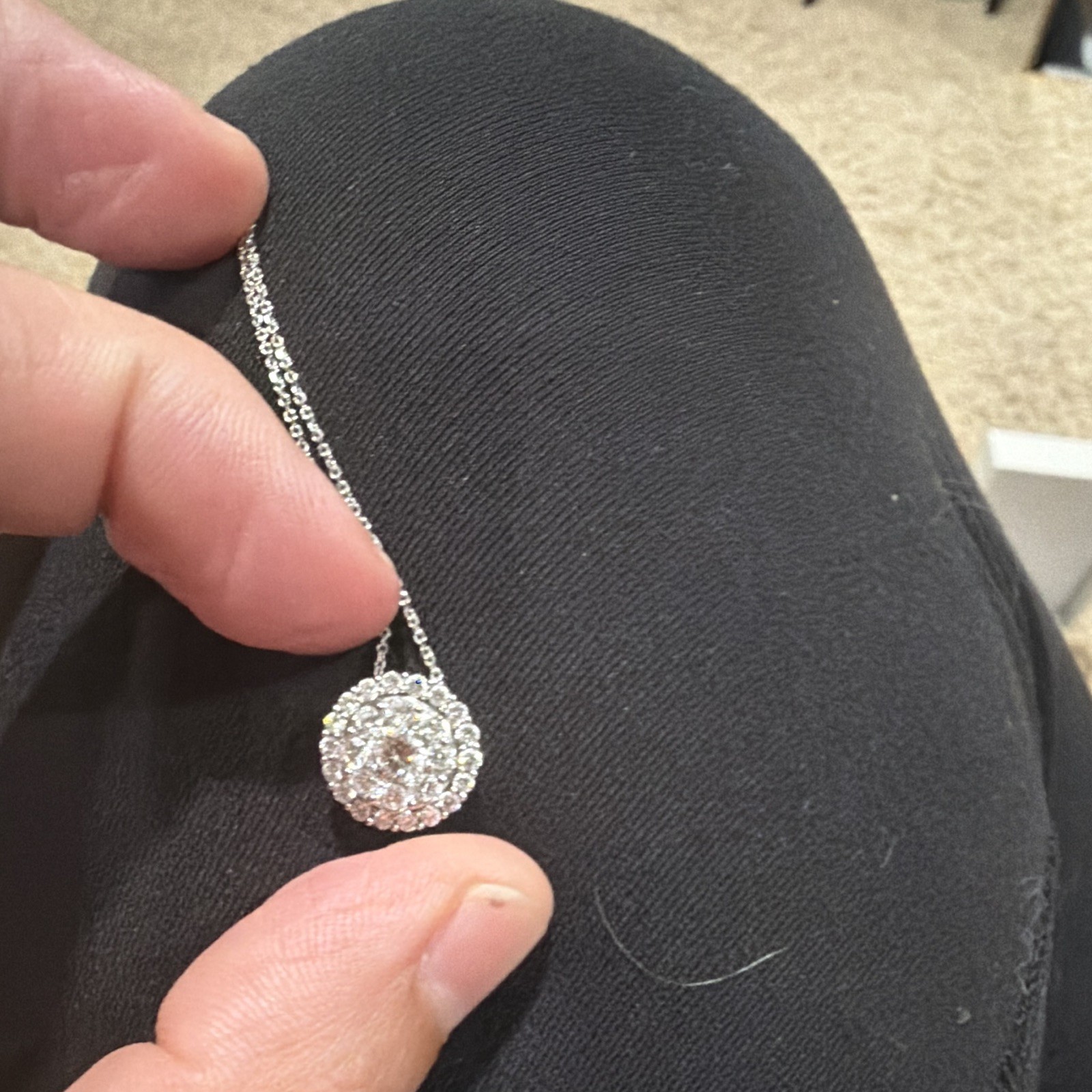 Silver Tone Round Halo Crystal Pendant Necklace w/ Cable Chain, White/Colorless