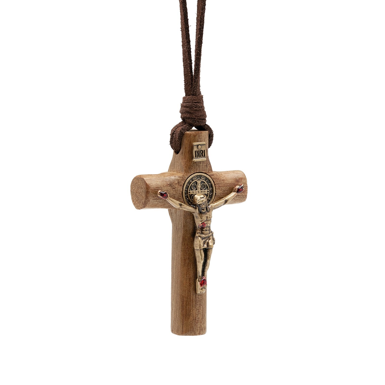 Wooden Cross Crucifix St Benedict Necklace Leather Cord Men Women Adjustable