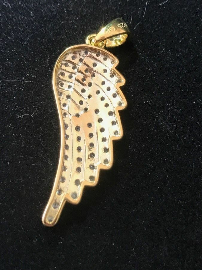 Angel Wing Pendant 14k Gold Plated Genuine Sterling Silver Simulated Diamonds