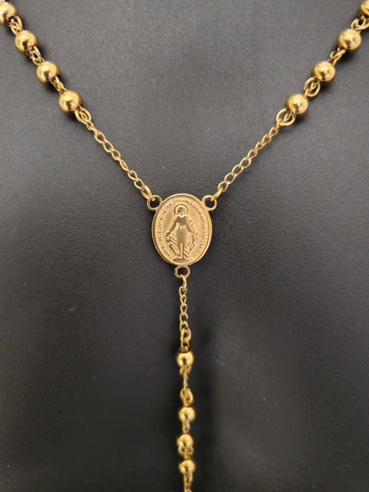 Gold Tone Stainless Steel Rosary Necklace Virgin Mary Crucifix Cross 60cm