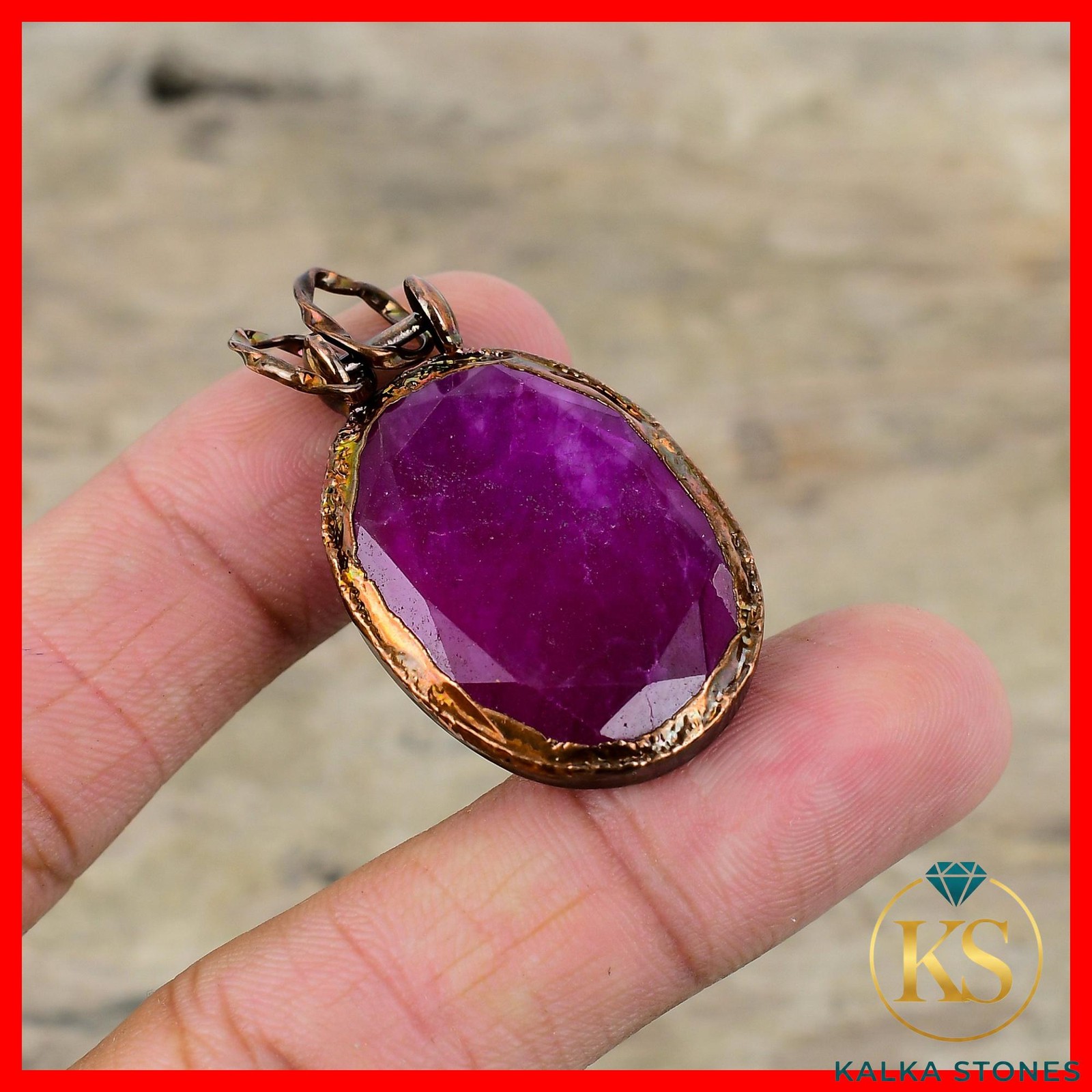 Oval Natural Kashmir Rubi Bezel Electroformed Artisan Elegant New Pendant Copper
