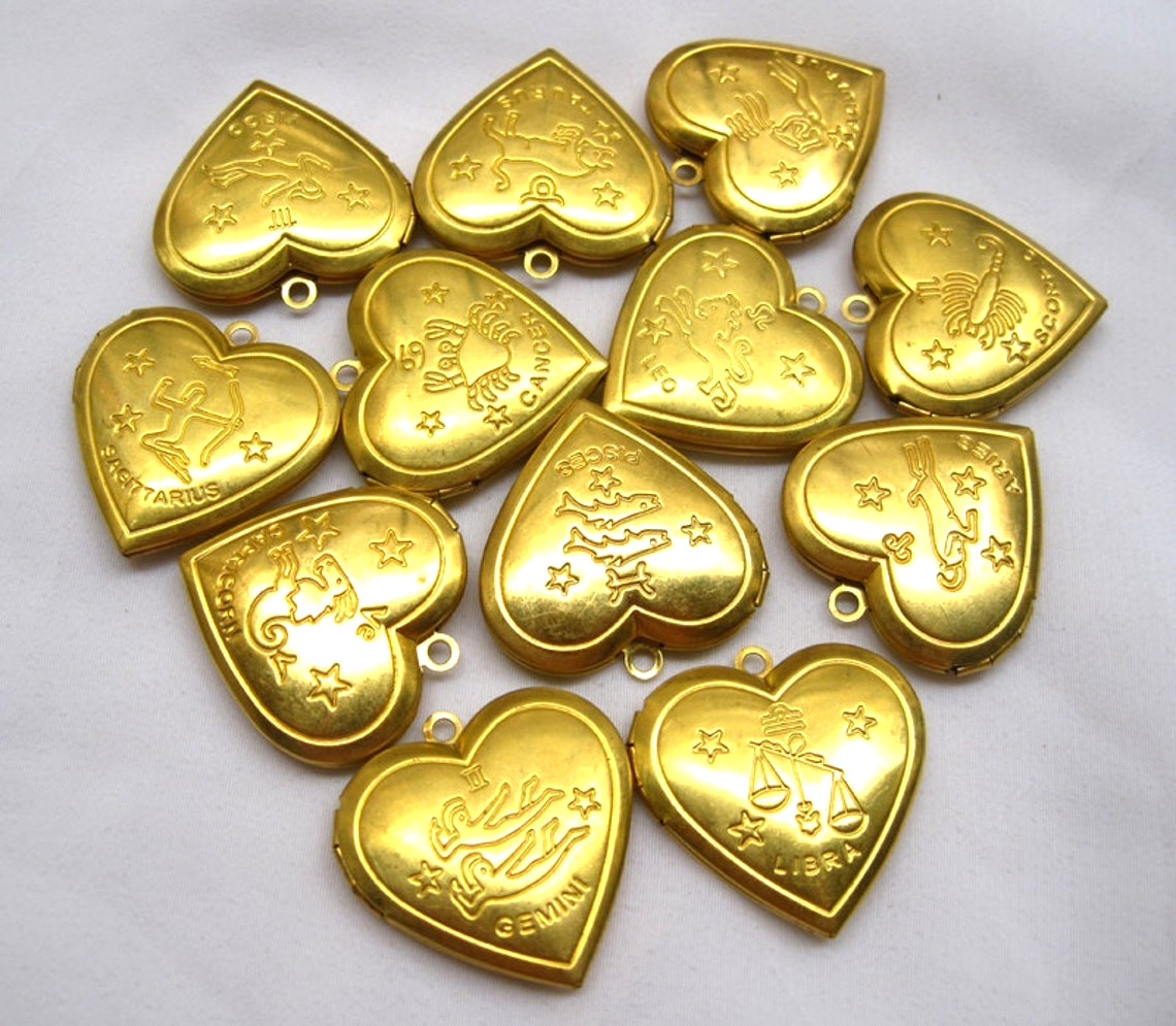ONE SET of 12 Zodiac Signs Heart Locket 29mm Necklace Pendant Brass Findings