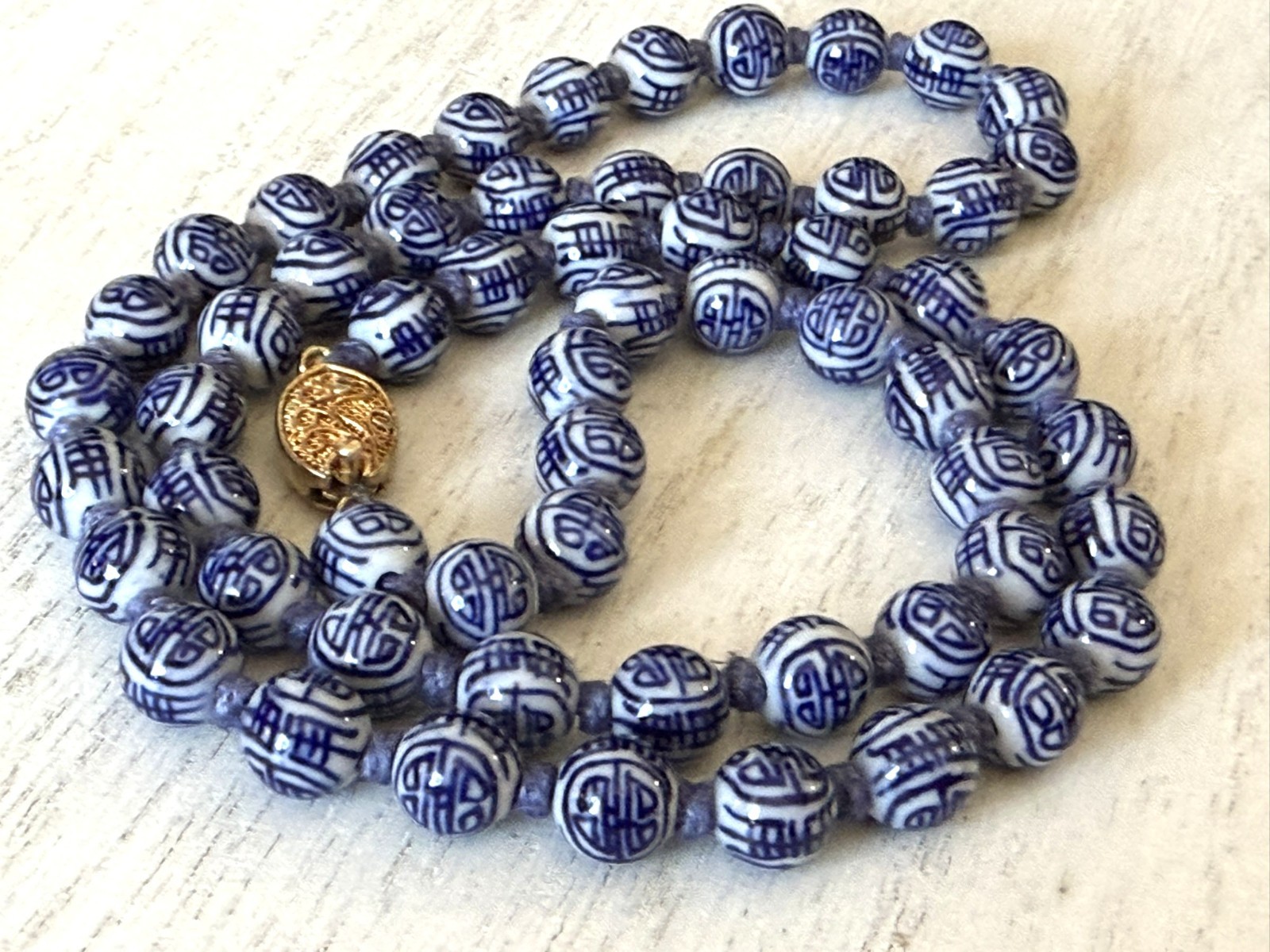 Vintage Chinese Necklace Blue White Porcelain SHOU Longevity Beads 24″ Knotted