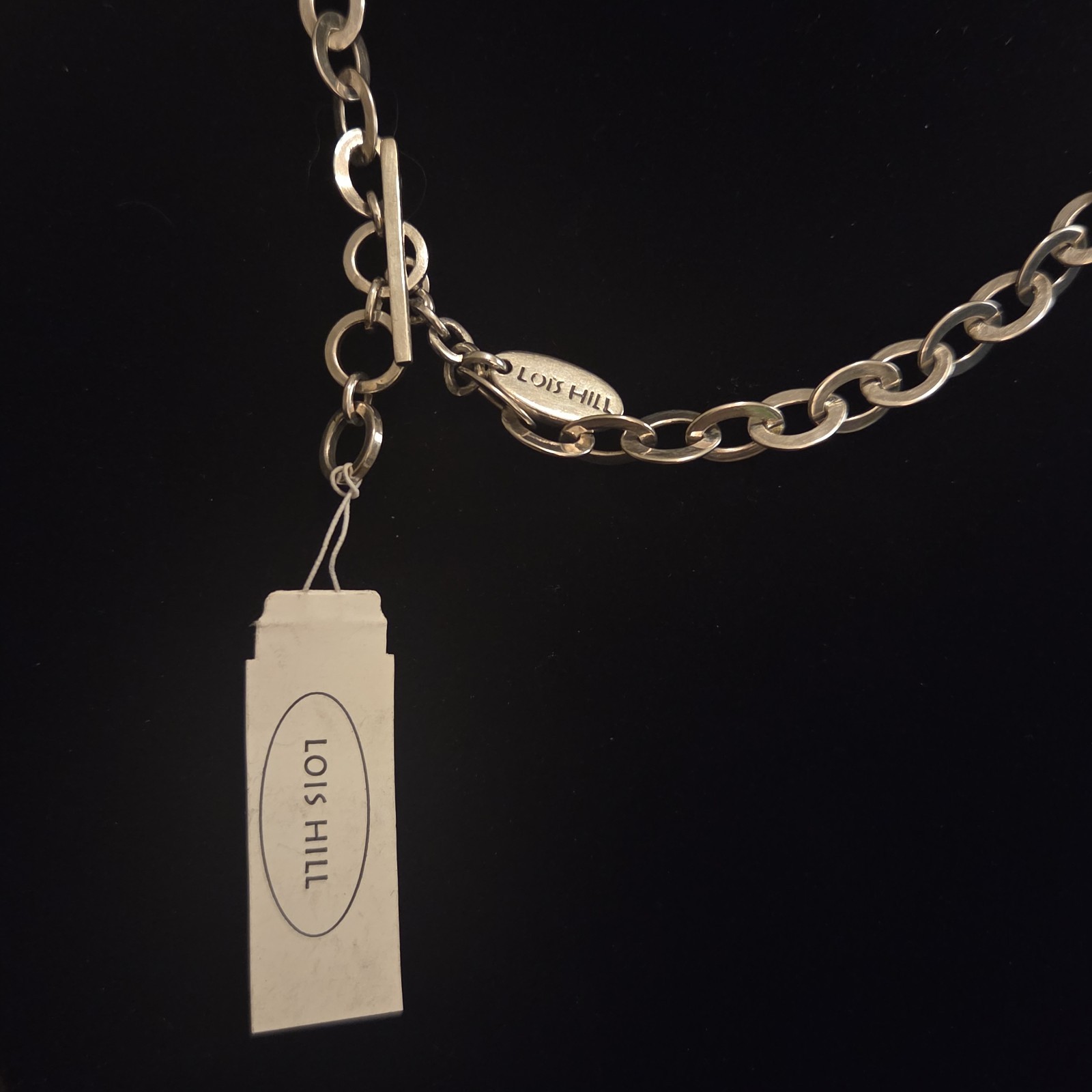 Lois Hill Signed Silver Oval Link Chain Necklace Oval Charm Pendant Toggle