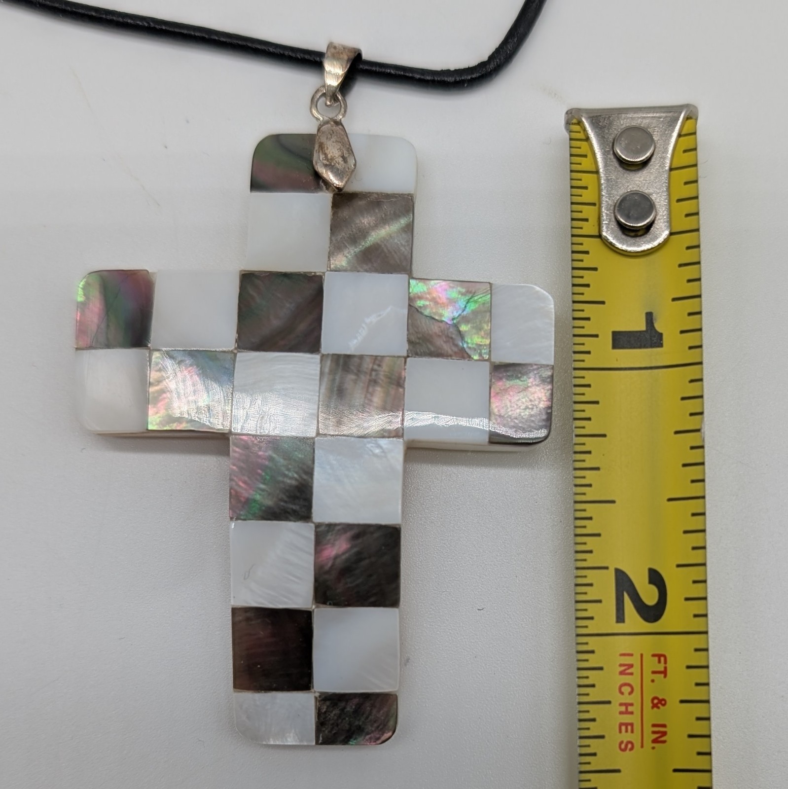 Inlayed Cross Shell Pendant – 24-In Cord With Silver Bail