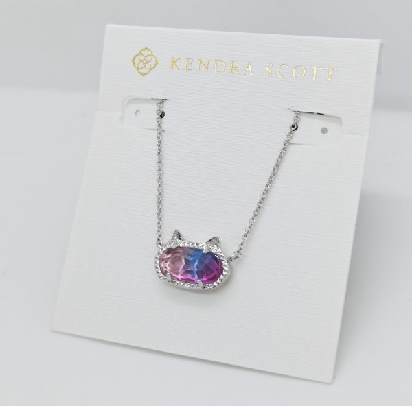 New Kendra Scott Elisa Silver Cat Kitty Pendant Necklace in Watercolor
