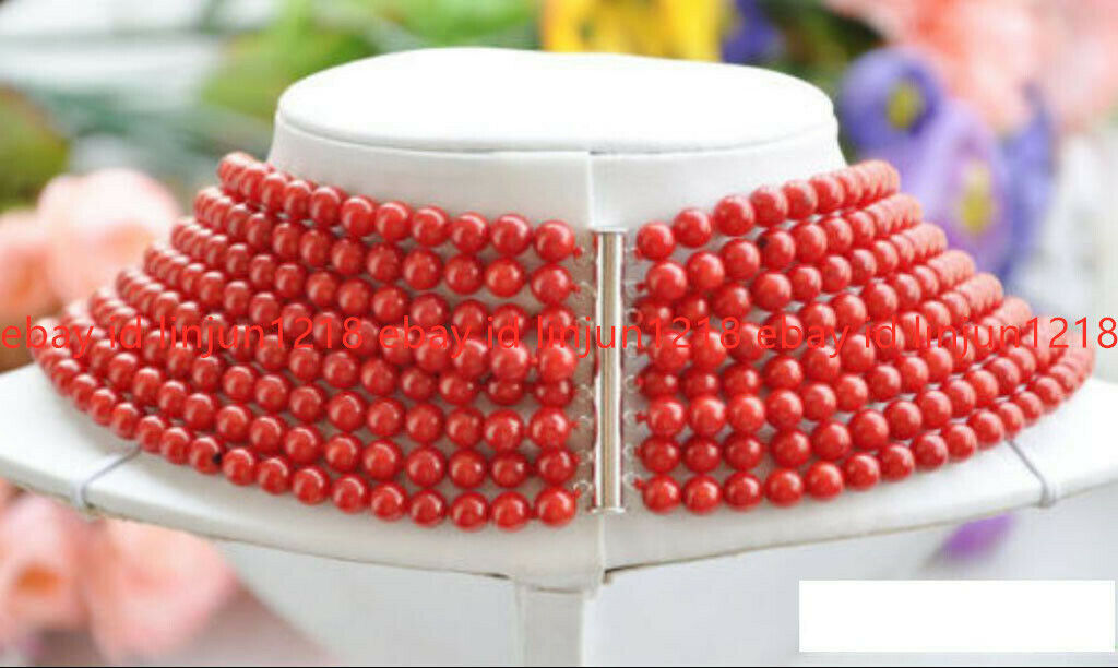 Real Narutal 8 Row 6mm Red Round Coral Bead Necklace & Bracelet 17-24 in