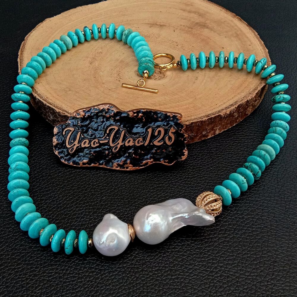 20″ Freshwater Cultured White Keshi Pearl Blue Disc Turquoise Necklace