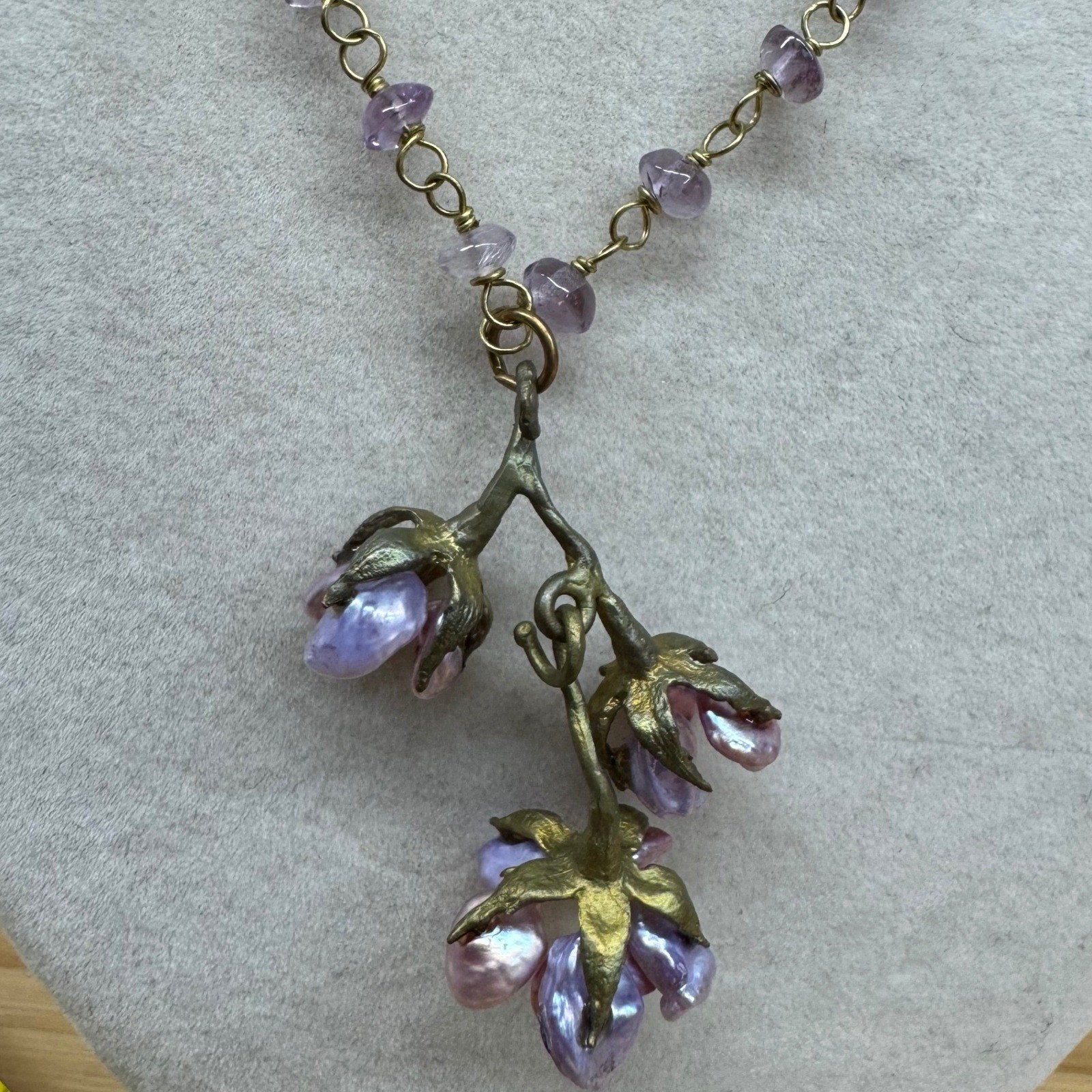 Amethyst Beaded Necklace Lavender Keshi Pearl Flower Branch Pendant Brass Tone